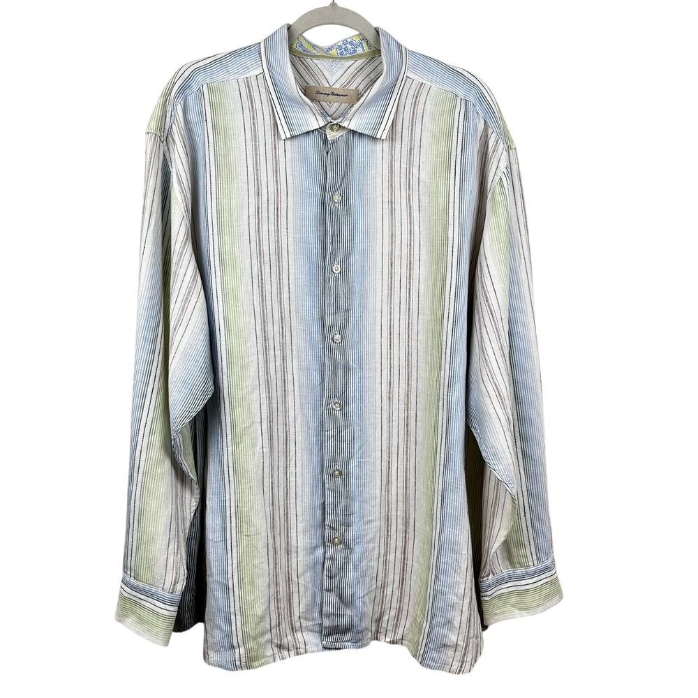 Tommy Bahama Linen Shirt Button Up Men's Striped White Blue XXL Coastal Resort